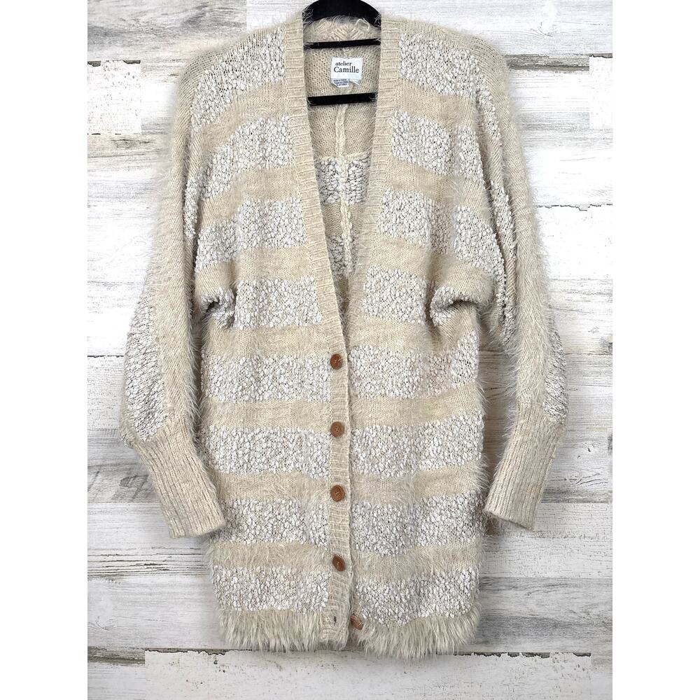 Anthropologie Atelier Camille Womens S Cream Boucle Knit Button Cardigan Luxe